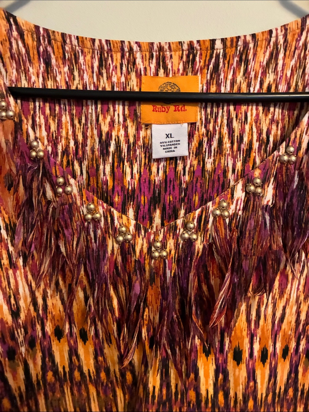 Ruby Rd. Ikat-Pattern V-Neck Tunic in Mustard & Burgundy - Picture 4 of 9